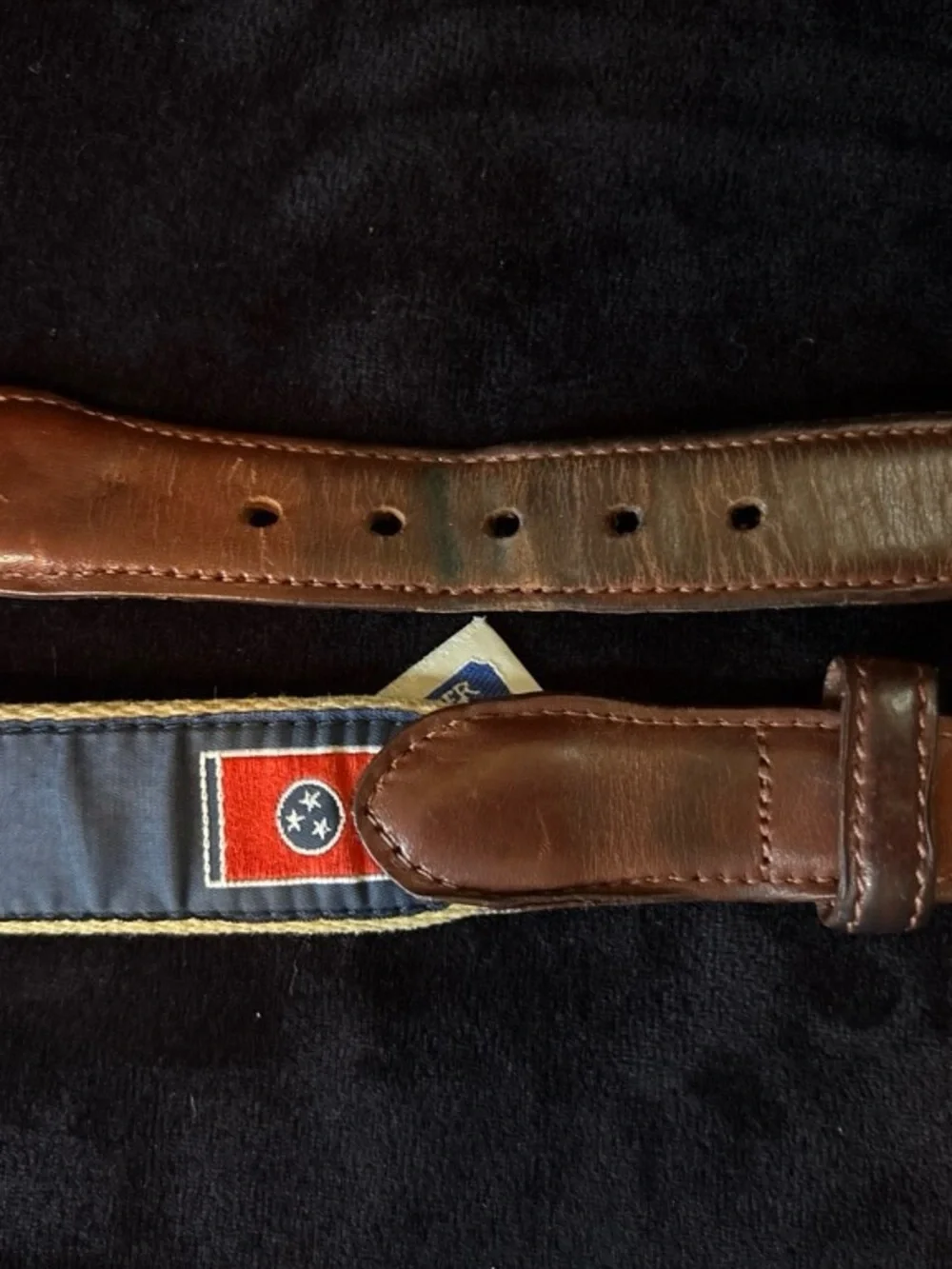 Volunteer Traditions TN Flag Webbing Belt Size 32 Tan Blue Leather Preppy VGUC
